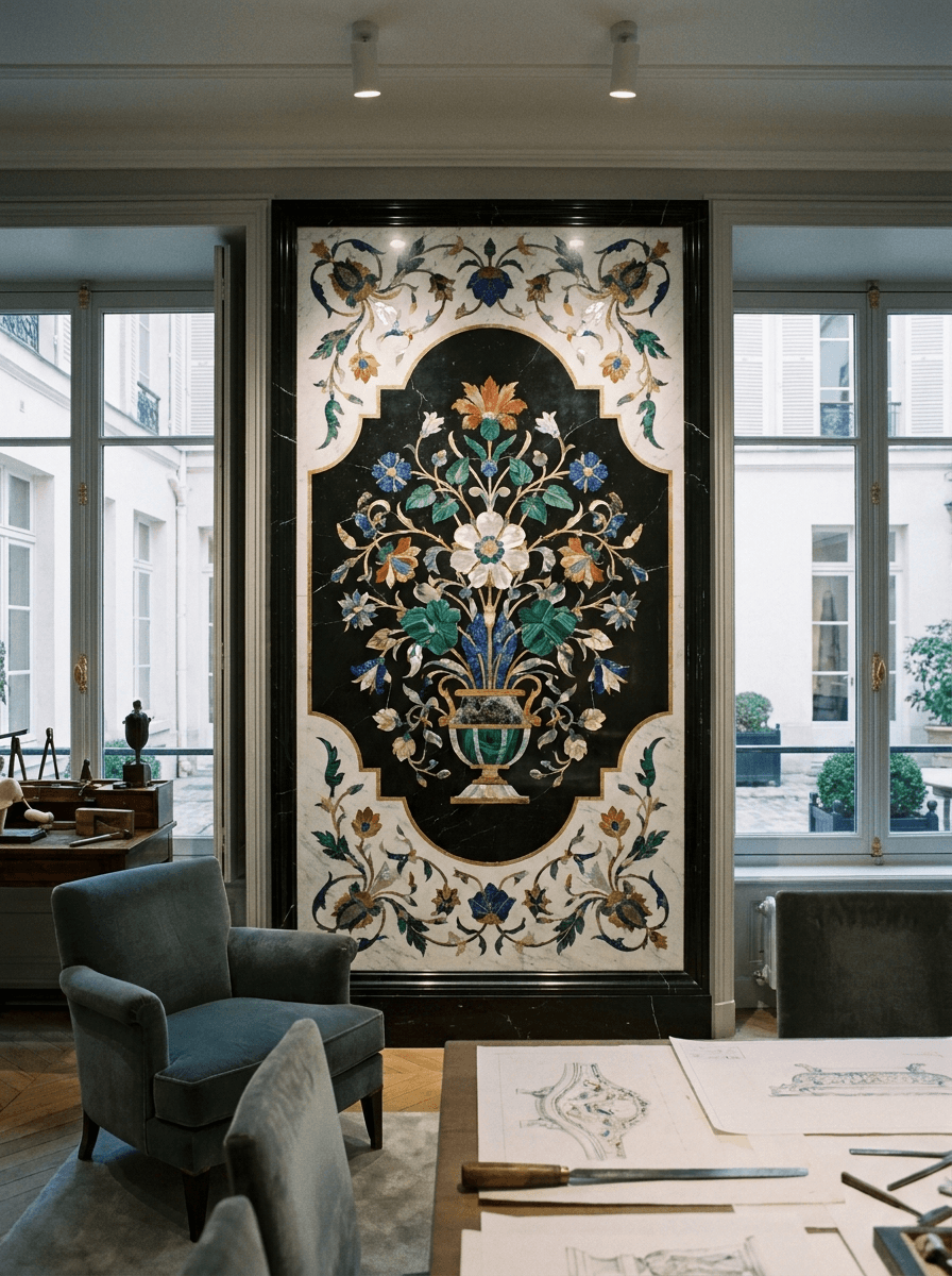 Monumental handcrafted marble wall panel feature with botanical floral inlay