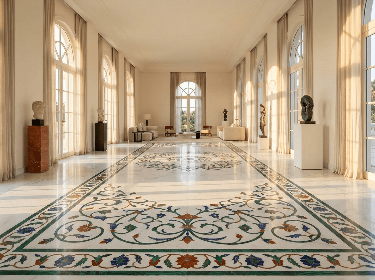 Agra makrana marble floor with intricate pietra dura lapidary medallion