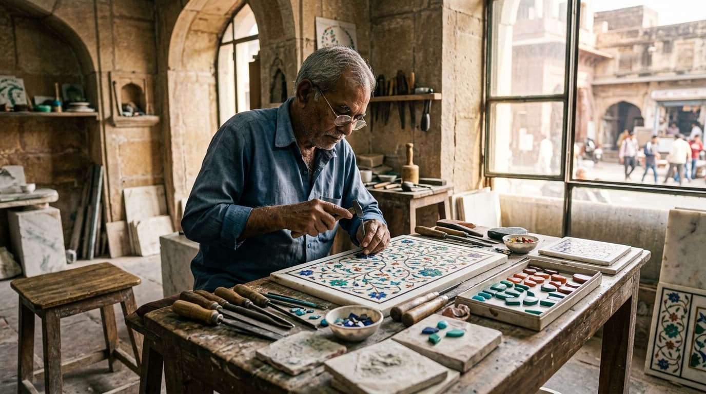 Master artisan carving floral mortises at the Agra workshop